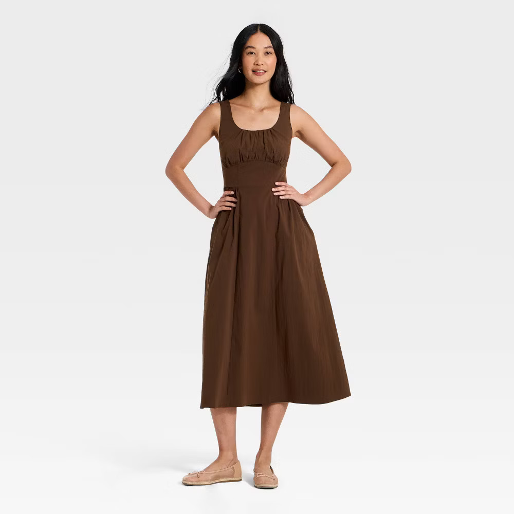 Women's Corset Smock Midi Dress - A New Day Brown Top
