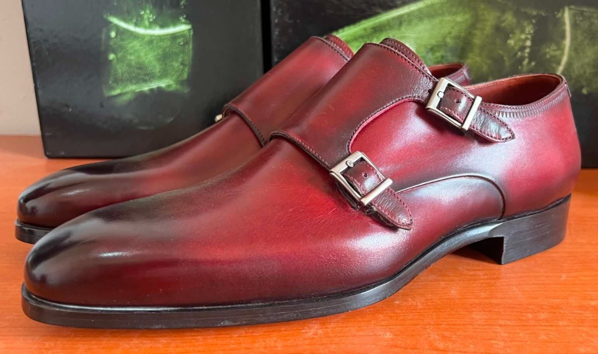 Magnanni Seleccion Men\'s Burgundy Leather Double Monk Strap Dress Shoes Size 8