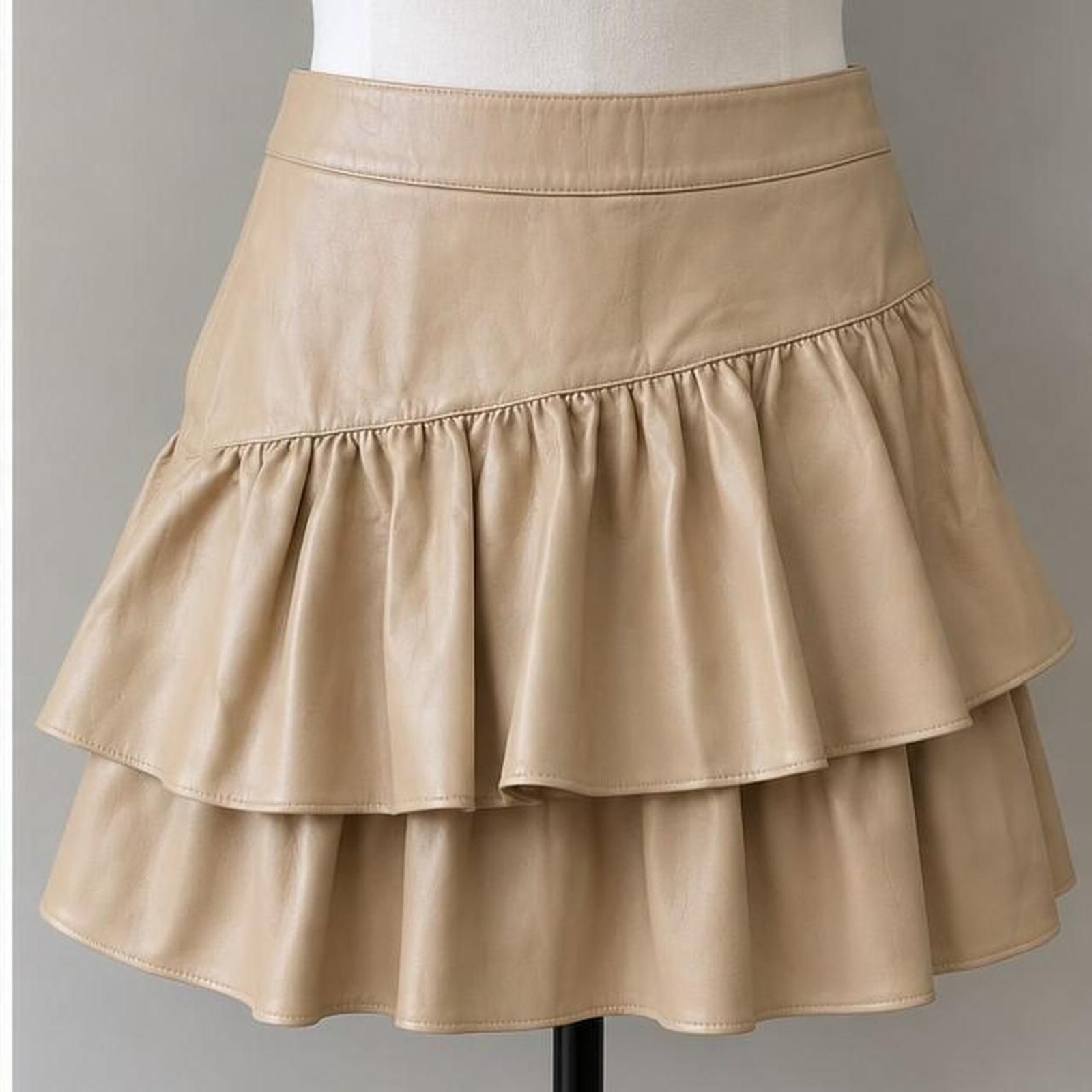 Emily McCarthy Small camel/tan faux leather skirt asymmetrical tiered ruffle Emily McCarthy Small camel/tan faux leather skirt asymmetrical tiered ruffle
