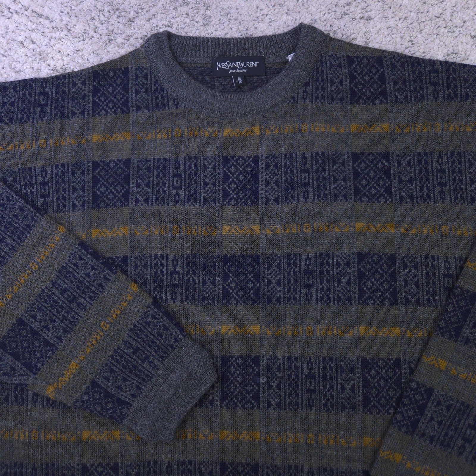 VTG Yves Saint Laurent Sweater Mens Medium Pullover Crew Neck YSL Geometric EUC