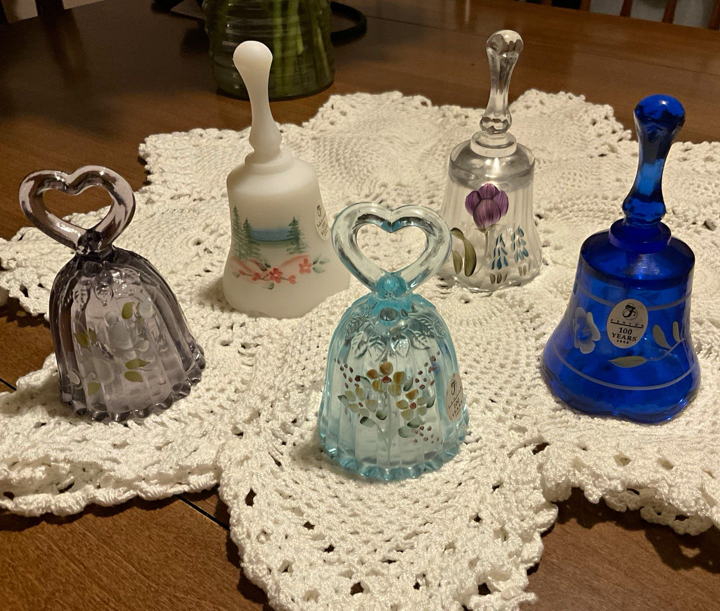 5 VTG. FENTON-Miniature Glass Bells-3 1/2”-4 1/4” -Signed-100 year sticker 2005