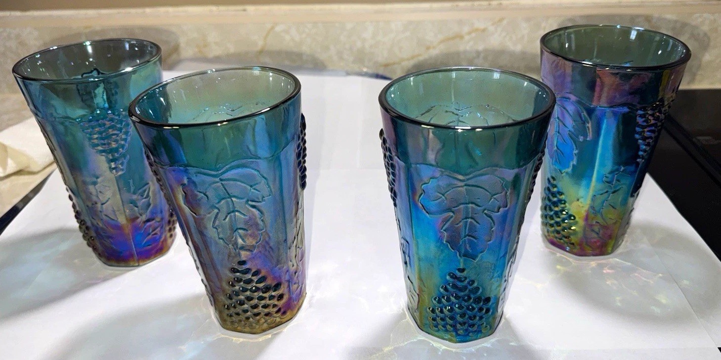 4 Vintage Indiana Glass Harvest Grape Iridescent Blue Carnival Tumblers