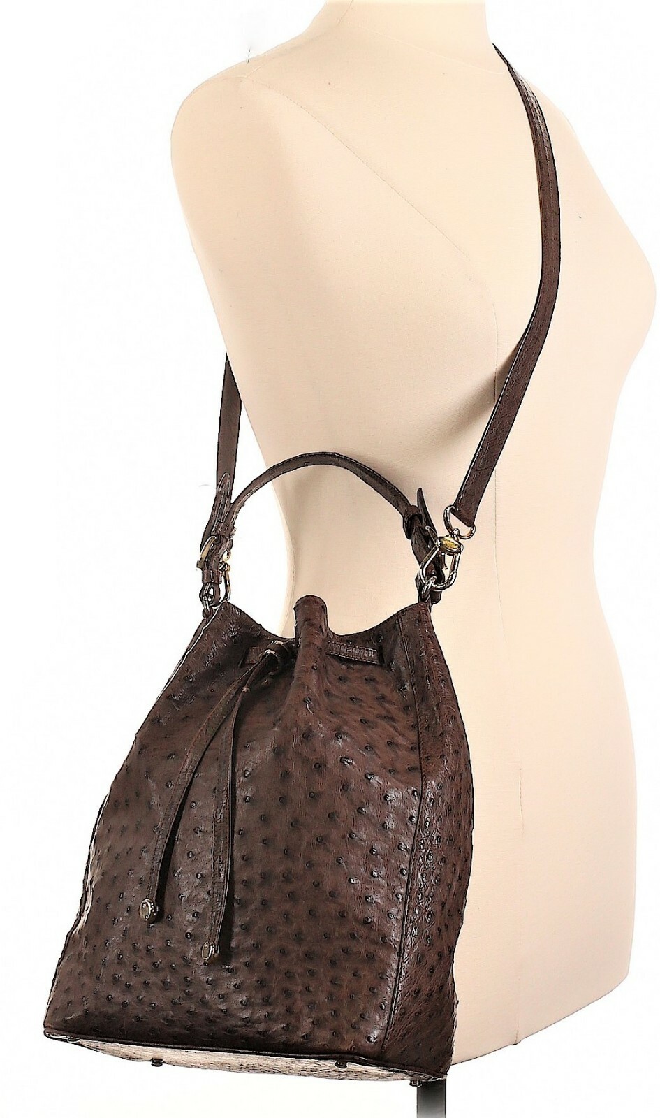 VINTAGE SISO ITALY GENUINE OSTRICH SKIN BUCKET BAG DRAWSTRING HANDBAG BROWN VINTAGE SISO ITALY GENUINE OSTRICH SKIN BUCKET BAG DRAWSTRING HANDBAG BROWN