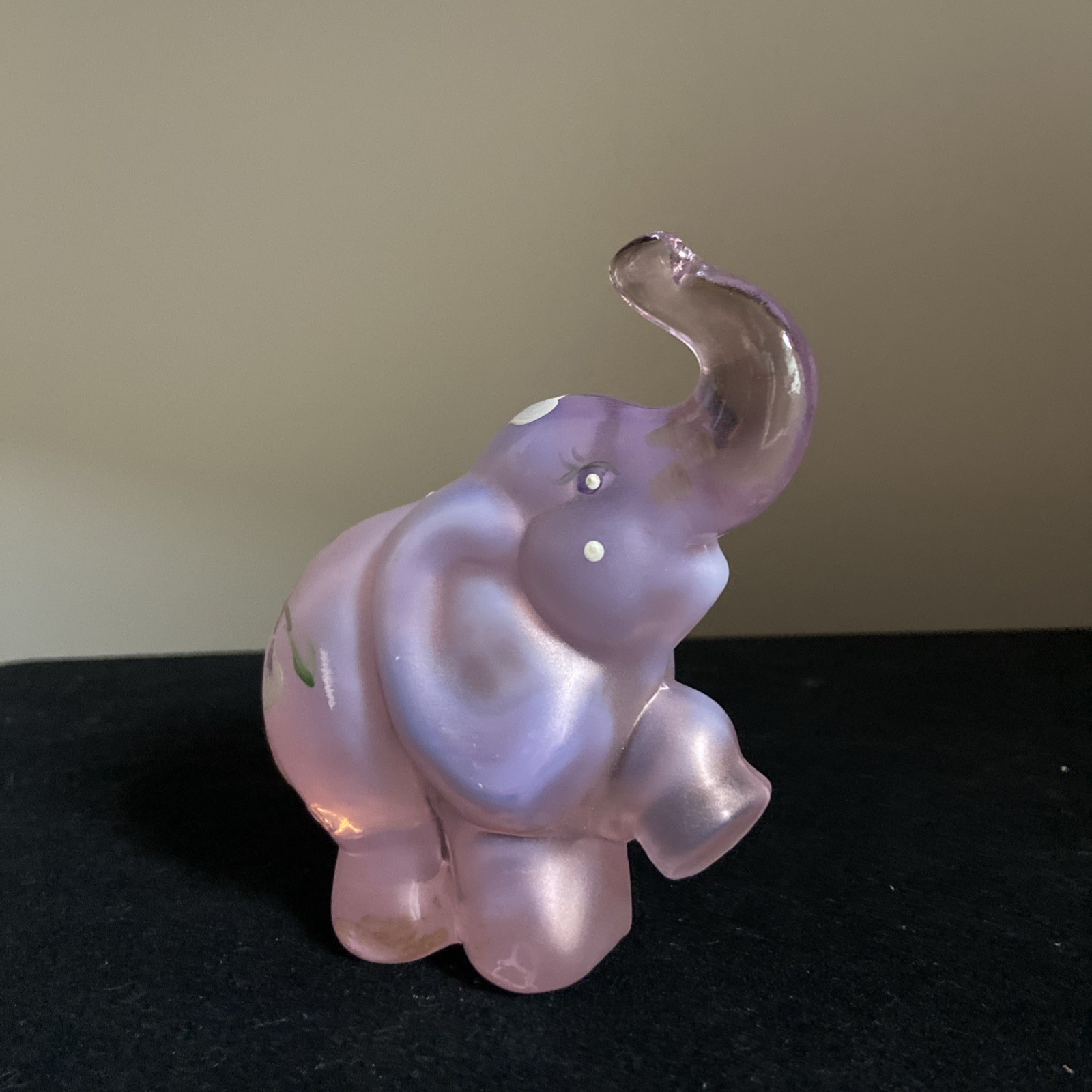 Vtg Fenton Pink Opalescent Glass Elephant Figurine Raised Trunk HandPainted