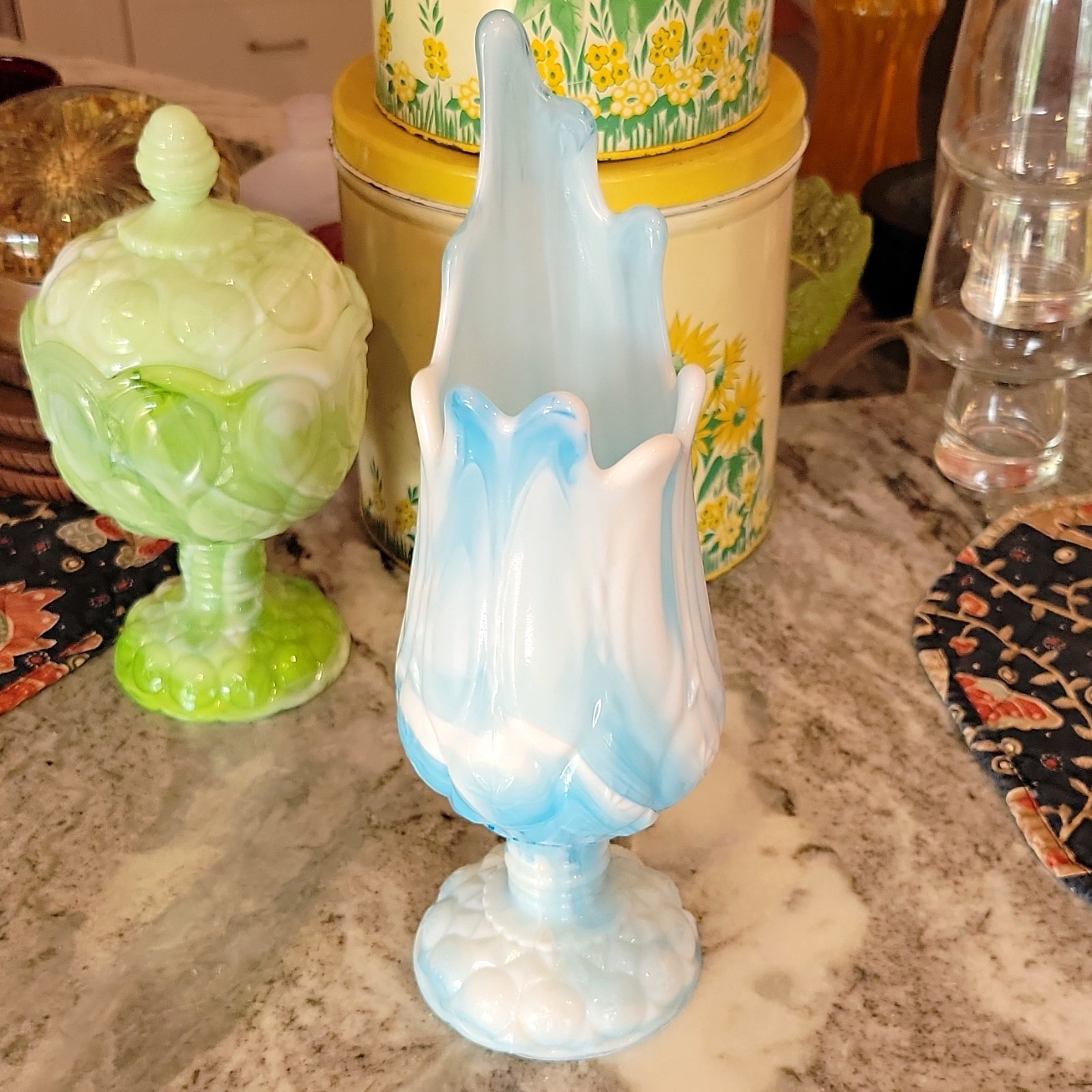 Kanawha Swung Vase Moon & Stars Slag Glass Blue White Swirl Vintage Celestial Kanawha Swung Vase Moon & Stars Slag Glass Blue White Swirl Vintage Celestial