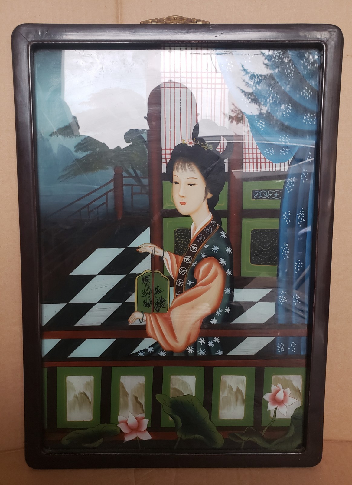 ANTIQUE VINTAGE JAPANESE CHINESE REVERSE GLASS PAINTING LADY IN KIMONO 23x16 In ANTIQUE VINTAGE JAPANESE CHINESE REVERSE GLASS PAINTING LADY IN KIMONO 23x16 In