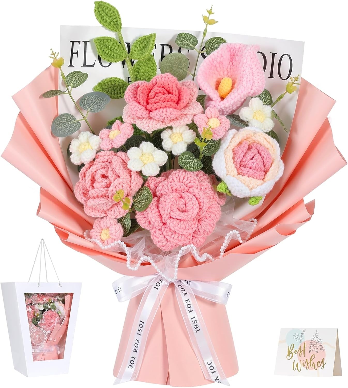 Crochet Flower Bouquet Handmade Knitted Pink 14 in
