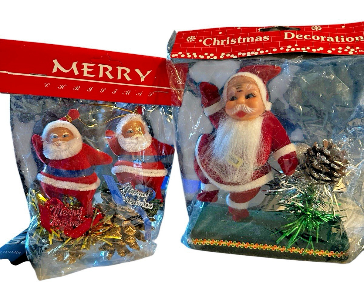 Vintage  NEW Flocked Santa Clause On Base Waving Dancing, on Pinecones MCM Decor