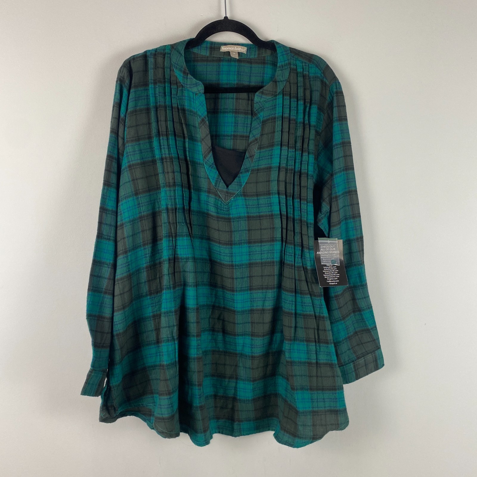 Woman Within Popover Pintuck Flannel Shirt Size 1X Green Plaid Layered Look