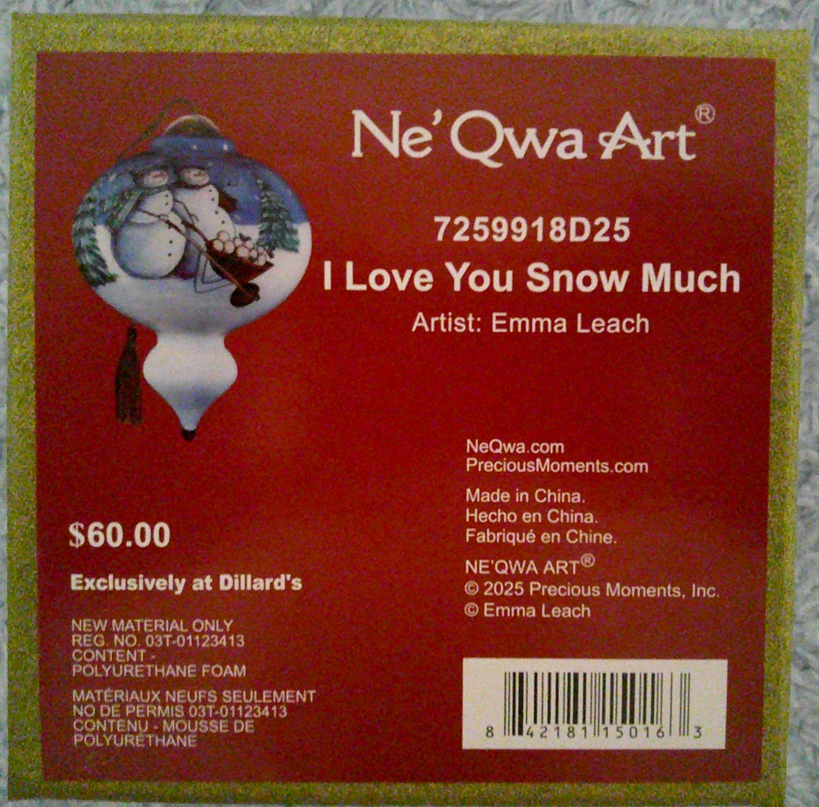 Ne'Qwa Dated 2025 Signed Emma Leach I LOVE YOU SNOW MUCH Christmas Ornament NIB Ne'Qwa Dated 2025 Signed Emma Leach I LOVE YOU SNOW MUCH Christmas Ornament NIB