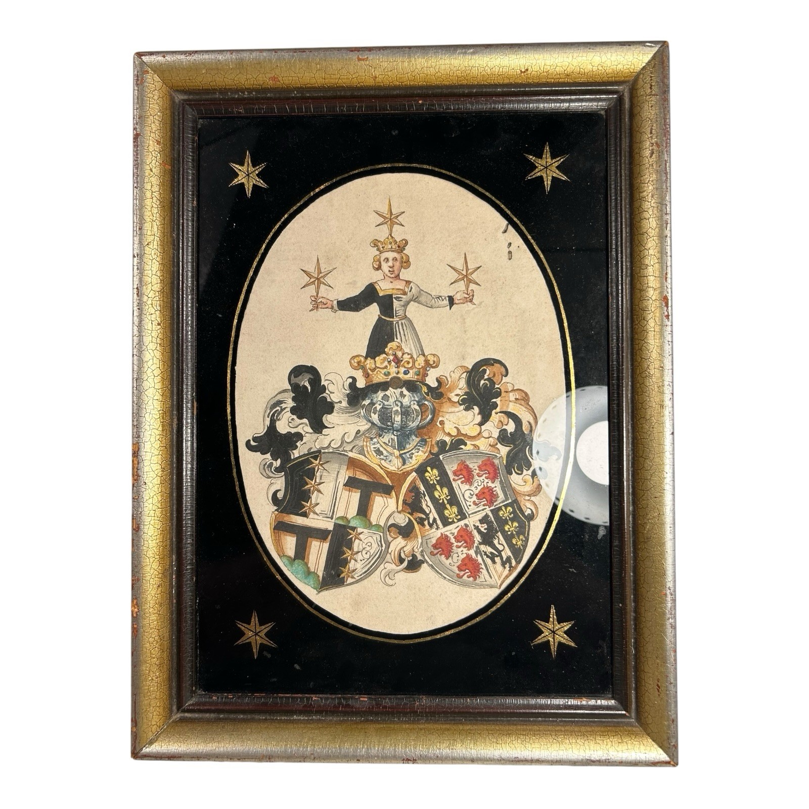 Antique Framed French Heraldic Noble Alliance Marriage Coat of Arms Painting