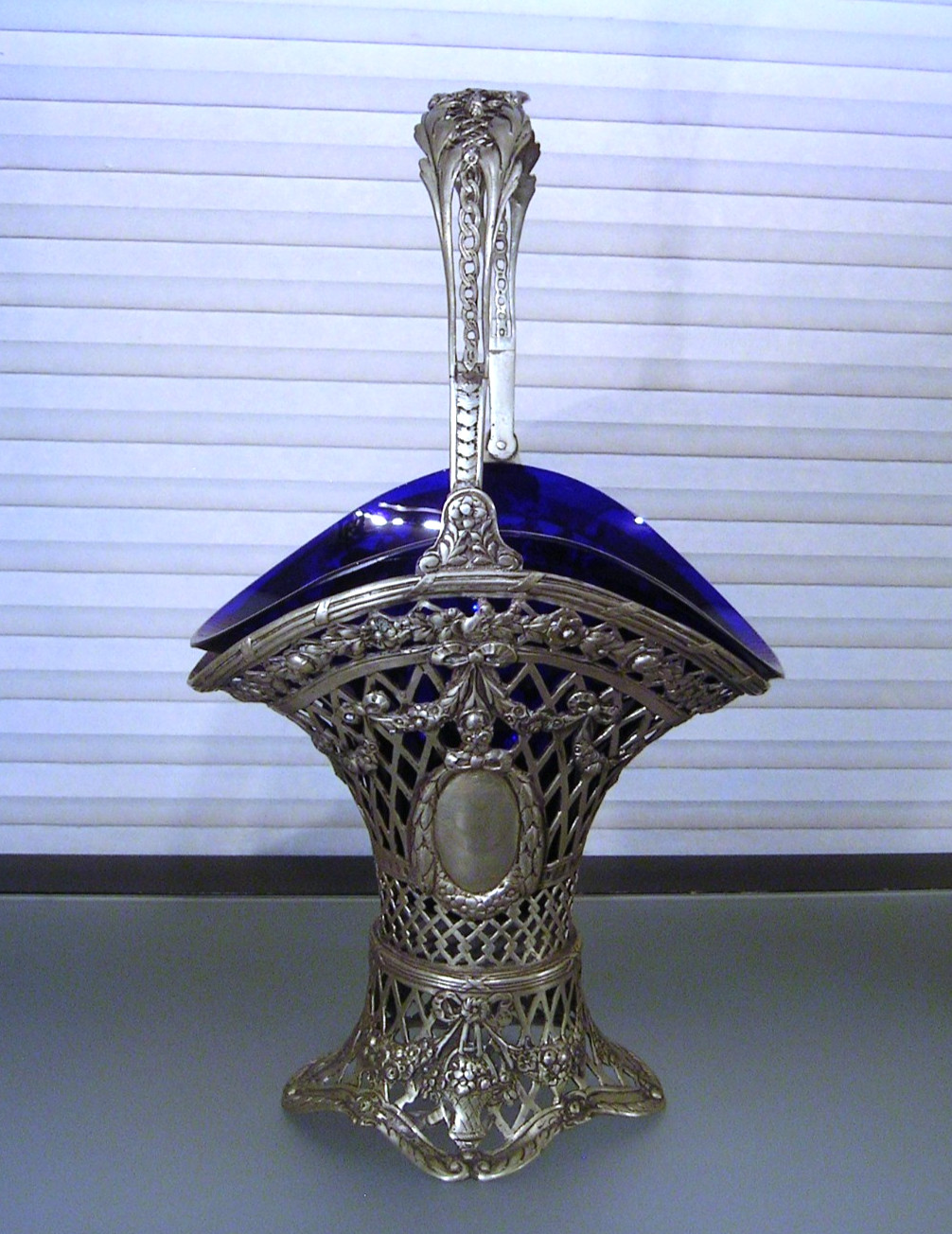 Antique German Silver Plate? Pierced Basket Blue Glass Liner
