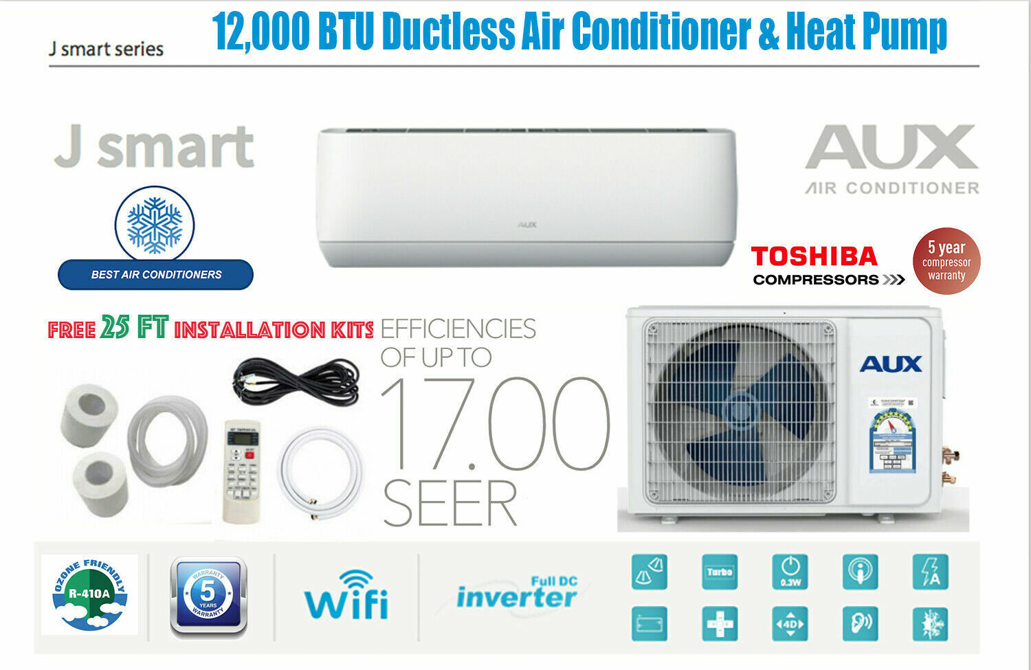 12000 BTU Ductless Air Conditioner Heat Pump Mini Split w/ WIFI 1 Ton 25 ft Kit