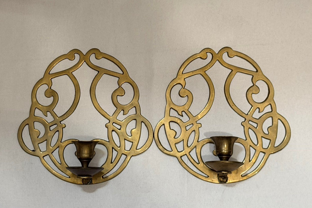 Vintage Pair Brass Wall Candle Sconces Ornate Openwork Scroll design 7 Inch Vintage Pair Brass Wall Candle Sconces Ornate Openwork Scroll design 7 Inch