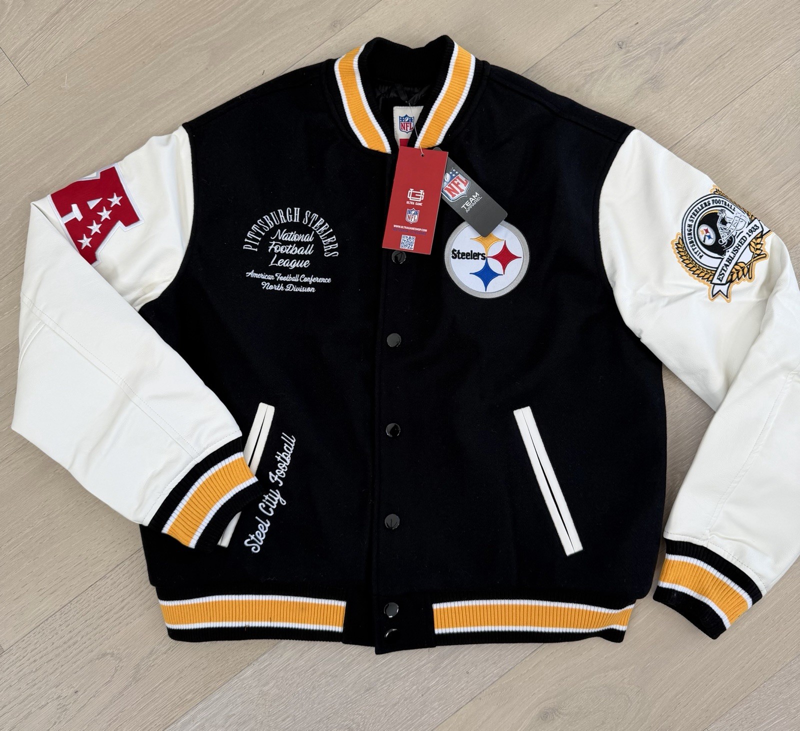 NFL Pittsburgh Steelers Black Yellow Leather Wool Bomber Varsity Jacket Sz XL NFL Pittsburgh Steelers Black Yellow Leather Wool Bomber Varsity Jacket Sz XL