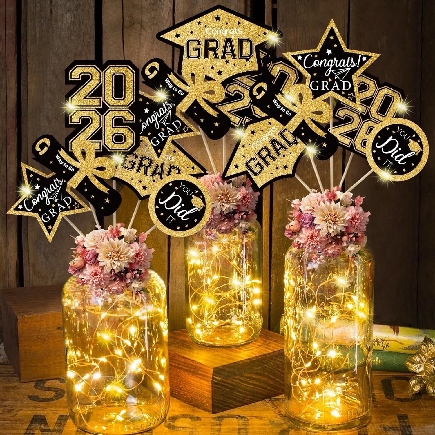 Graduation Decorations Class of 2026-30Pcs Black and Gold Graduation Table Cente