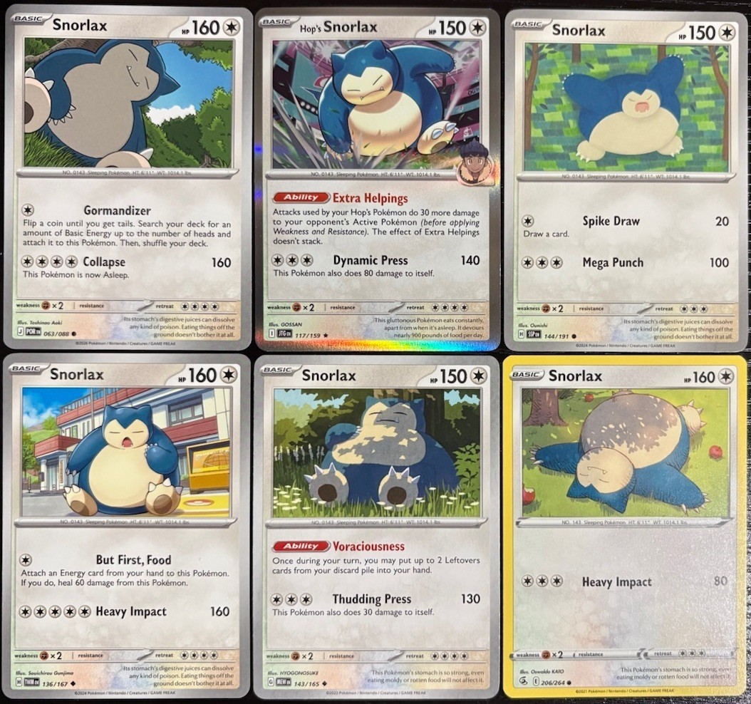 Snorlax Pokemon TCG Collection From 6 Different Art/Set English Cards Holo NM Snorlax Pokemon TCG Collection From 6 Different Art/Set English Cards Holo NM