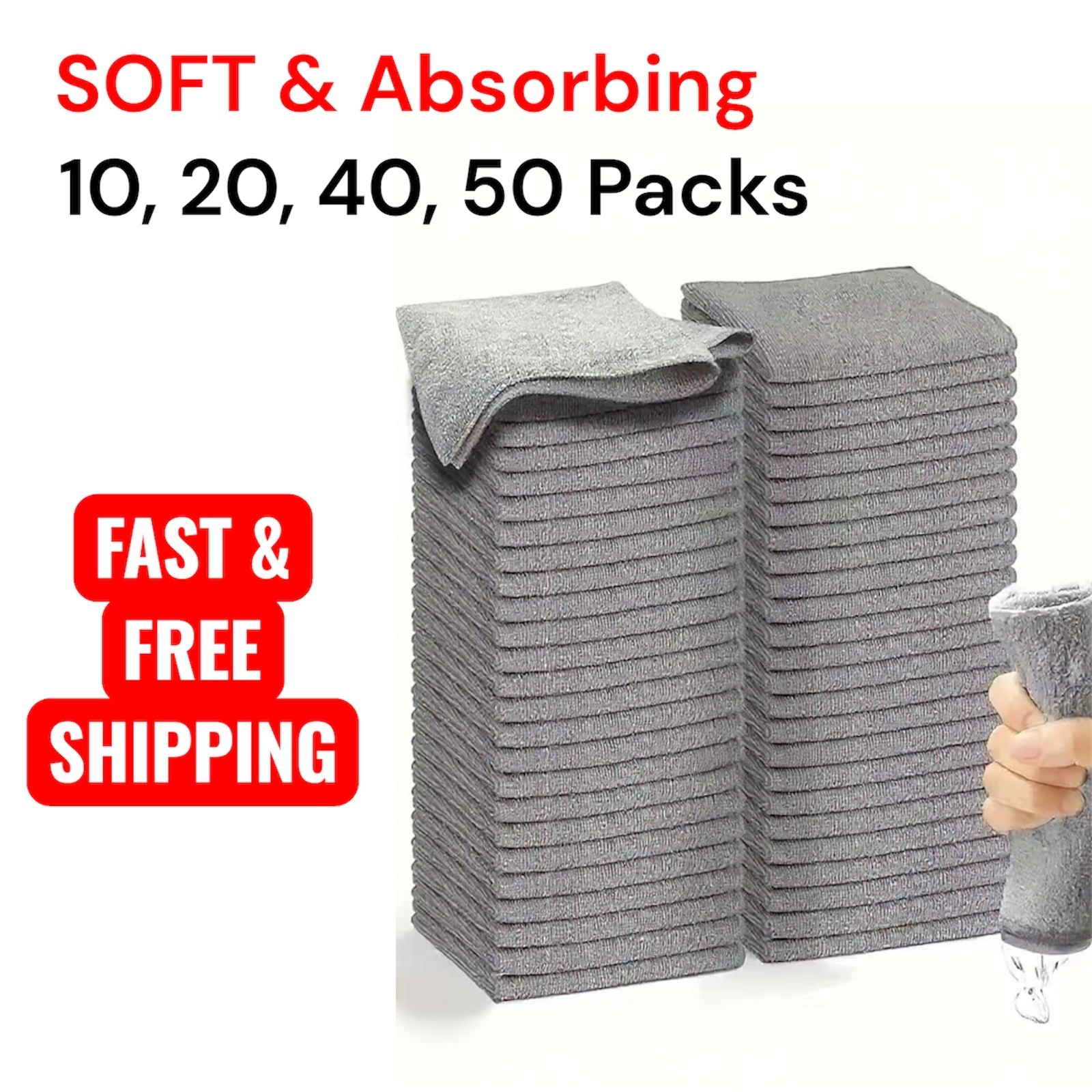 5,10,20,40,50-Pack Microfiber Cleaning Cloths-Reusable, Lint-Free &Multi-Purpose