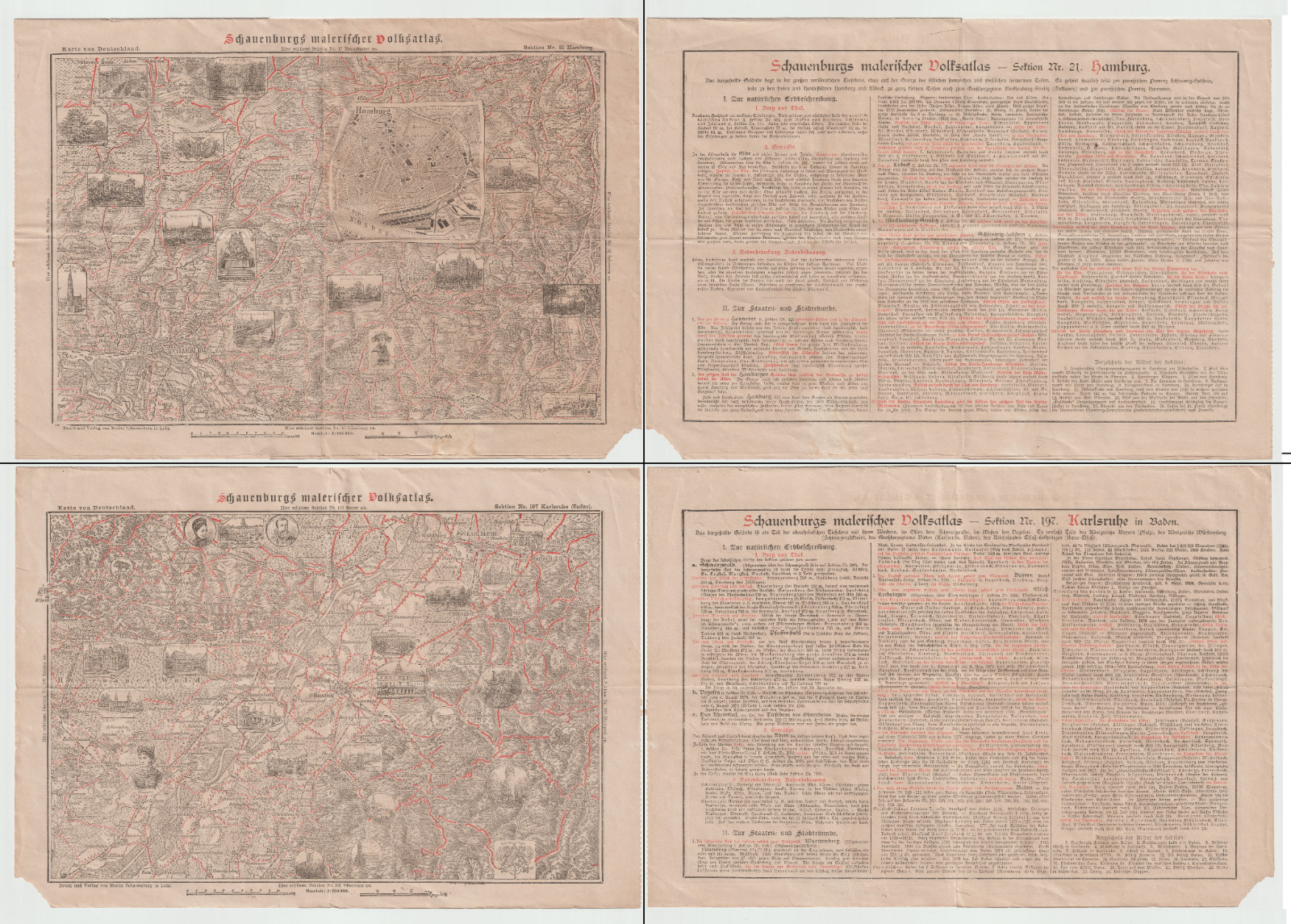 C1880-90s Antique Moritz Schauenburg Folding Info Map Hamburg Karlsruhe Baden
