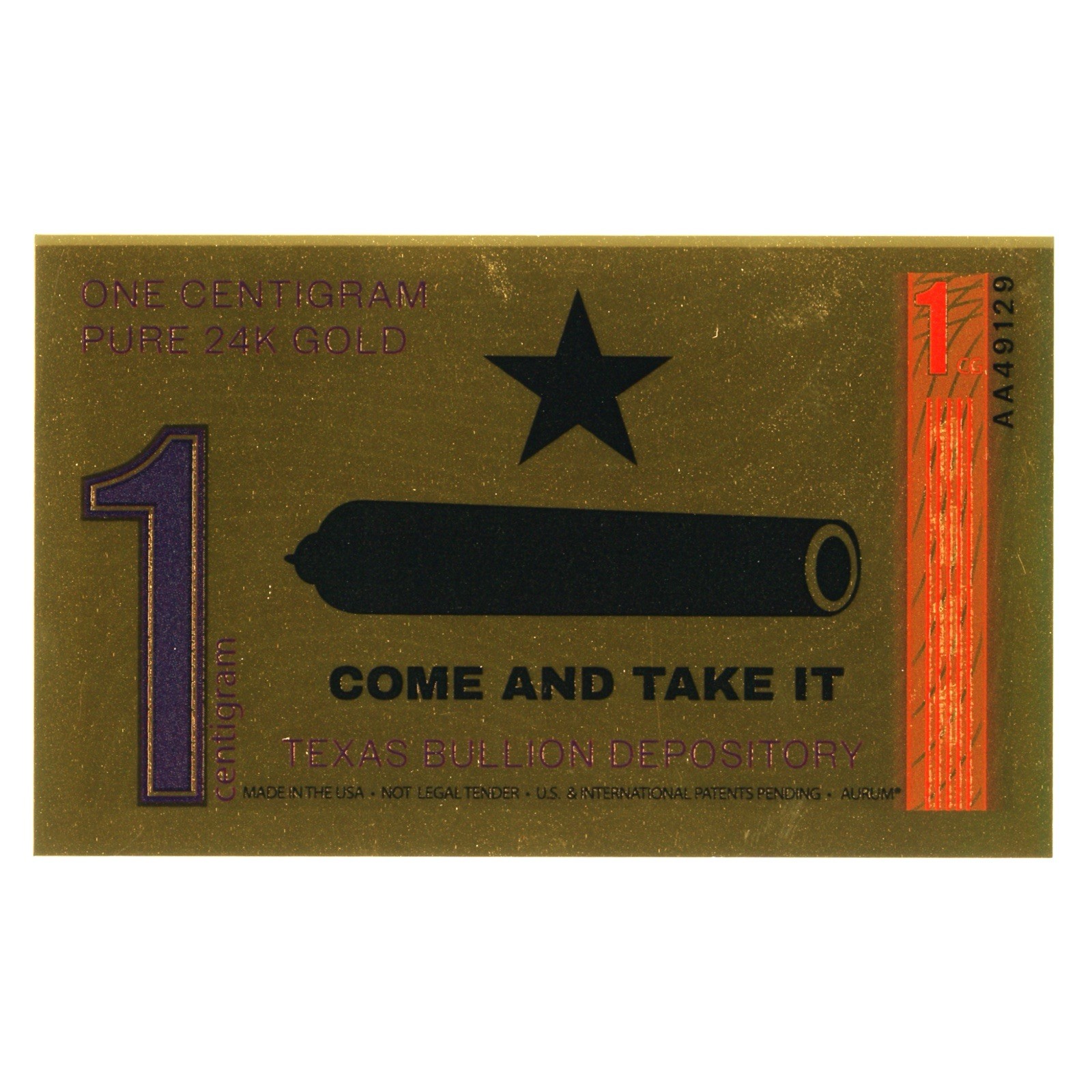 2026 1 Centigram Texas Redback Come & Take It 24K .999 Fine Gold Foil Note