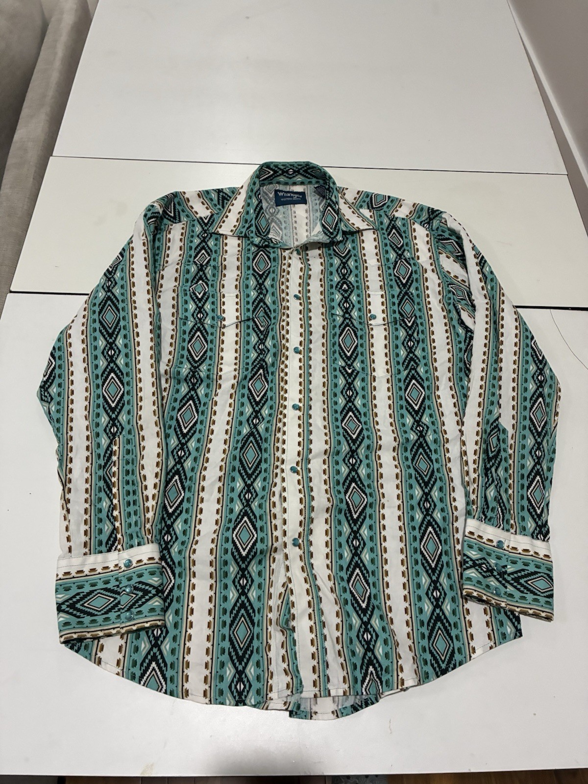 Vintage Wrangler Brushpopper Shirt Medium Turquoise Southwest Aztec Pearl Snap Vintage Wrangler Brushpopper Shirt Medium Turquoise Southwest Aztec Pearl Snap