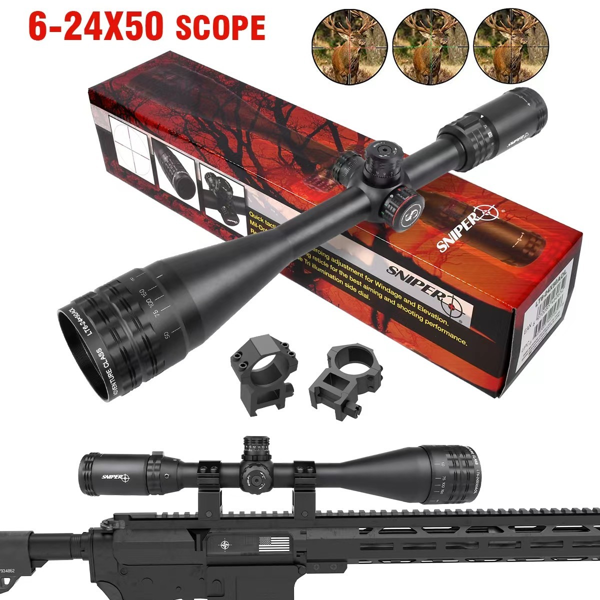 Sniper 6-24x50 AOL Long Range Rifle Scope RGB-Illuminated W/ Zero W/E Adjustment