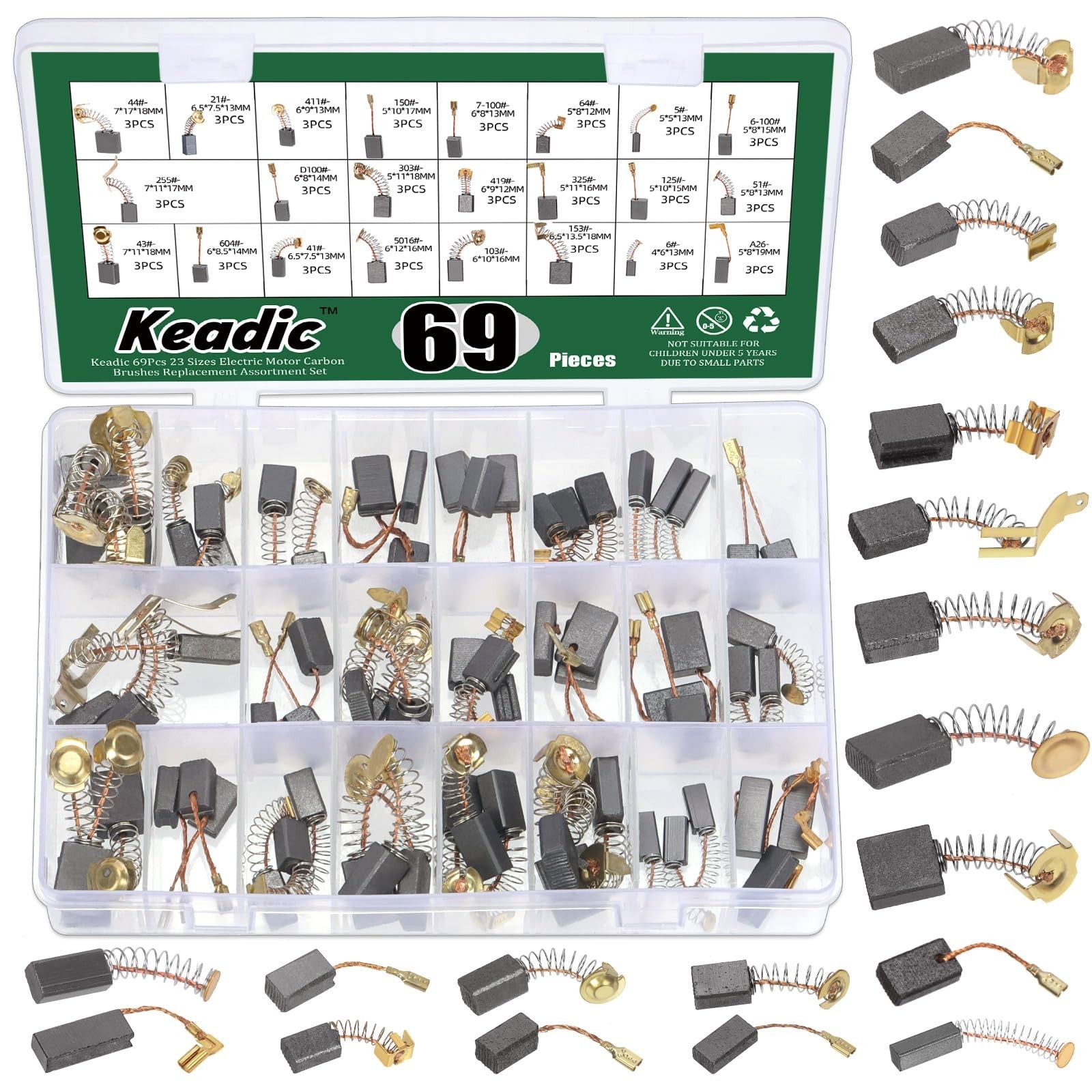 Keadic 69Pcs 23 Sizes Electric Motor Carbon Brushes Replacement Assortment Set, Keadic 69Pcs 23 Sizes Electric Motor Carbon Brushes Replacement Assortment Set,