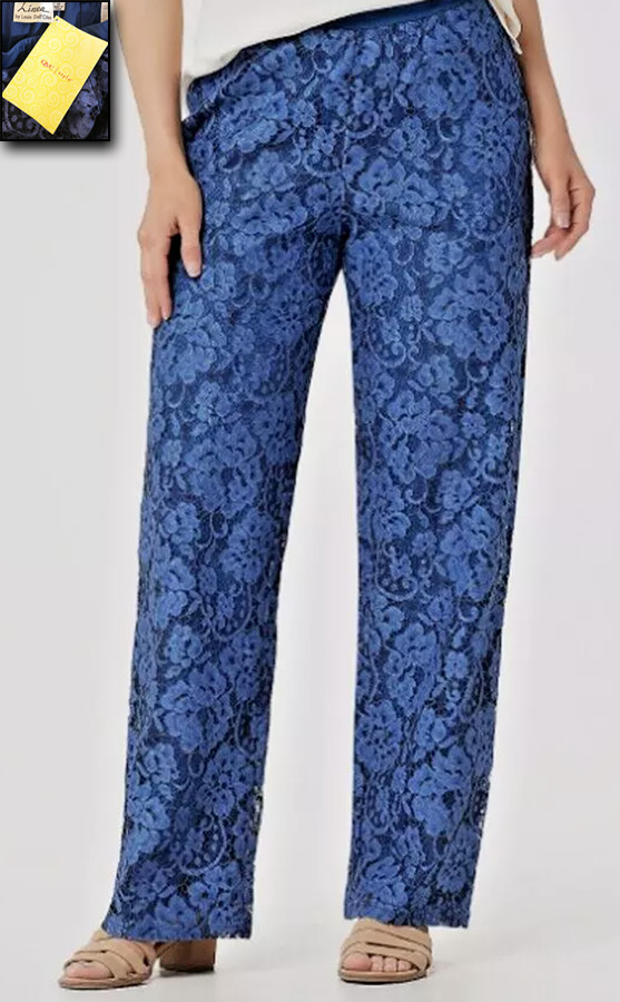NWT LINEA BY LOUIS DELL\'OLIO INDIGO BLUE FLORAL LACE LINED PANTS TROUSER 12 L 
