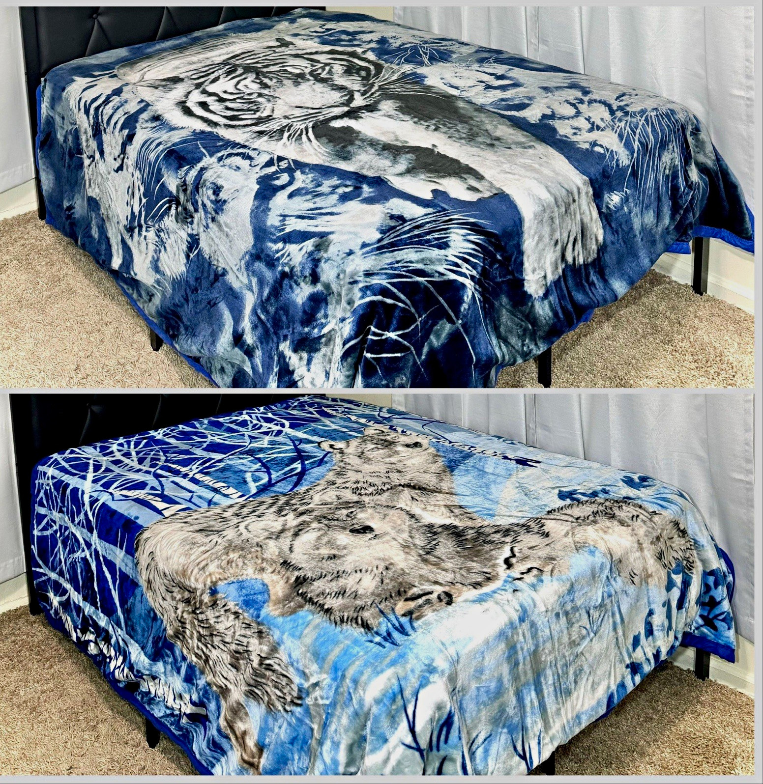 Reversible Queen Size Polyester Animal Print Blanket Tiger Wolf Blue White Gray Reversible Queen Size Polyester Animal Print Blanket Tiger Wolf Blue White Gray