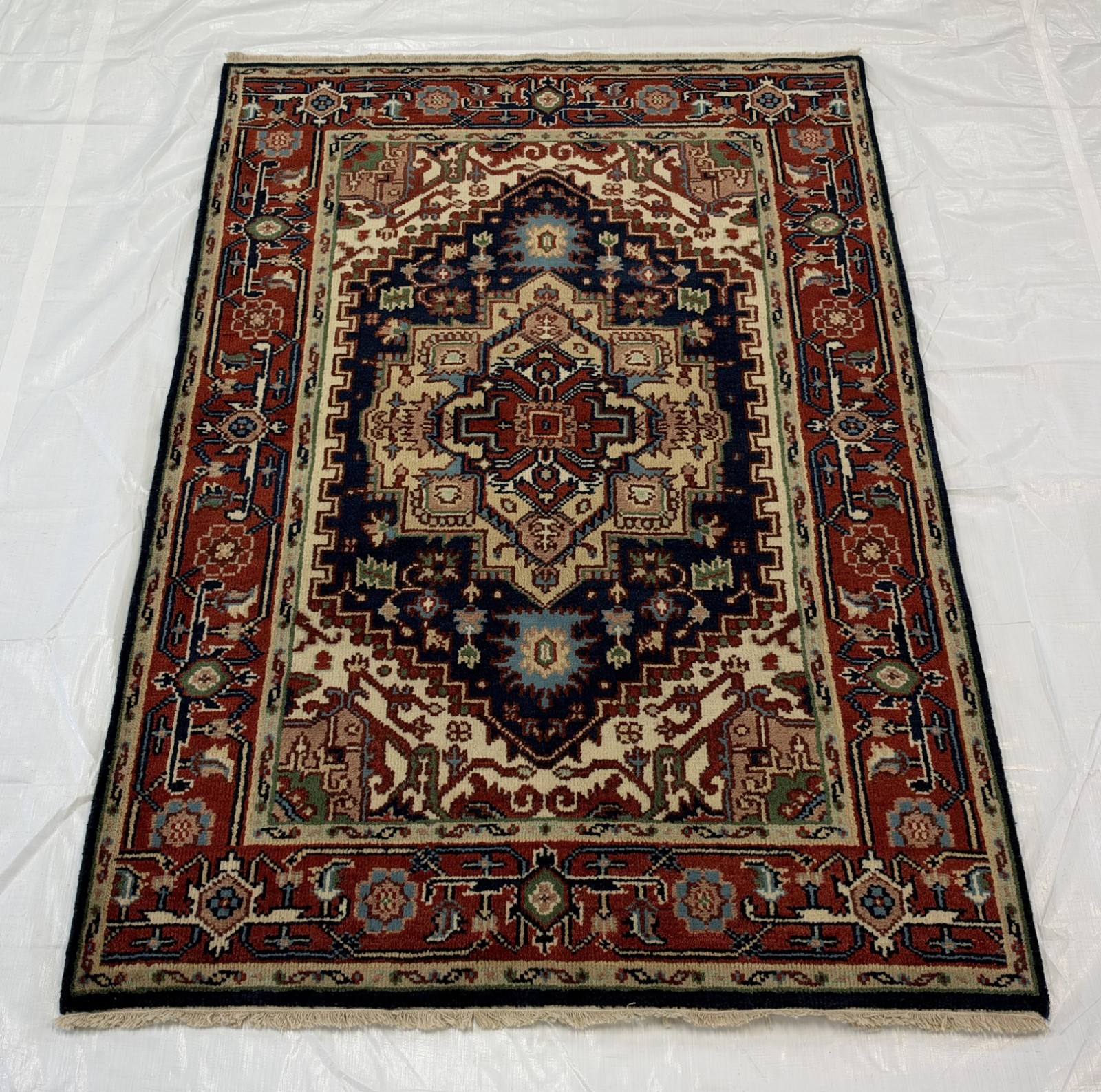 Hand Knotted Vintage Caucasian 4x6 Rug Navy Blue Crimson Red Geometric Carpet