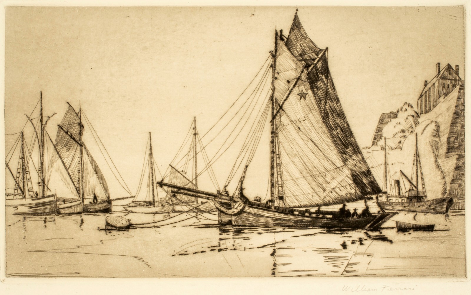 William Ferrari, Antique Hudson River New York Sailboat Etching, c.1920s William Ferrari, Antique Hudson River New York Sailboat Etching, c.1920s