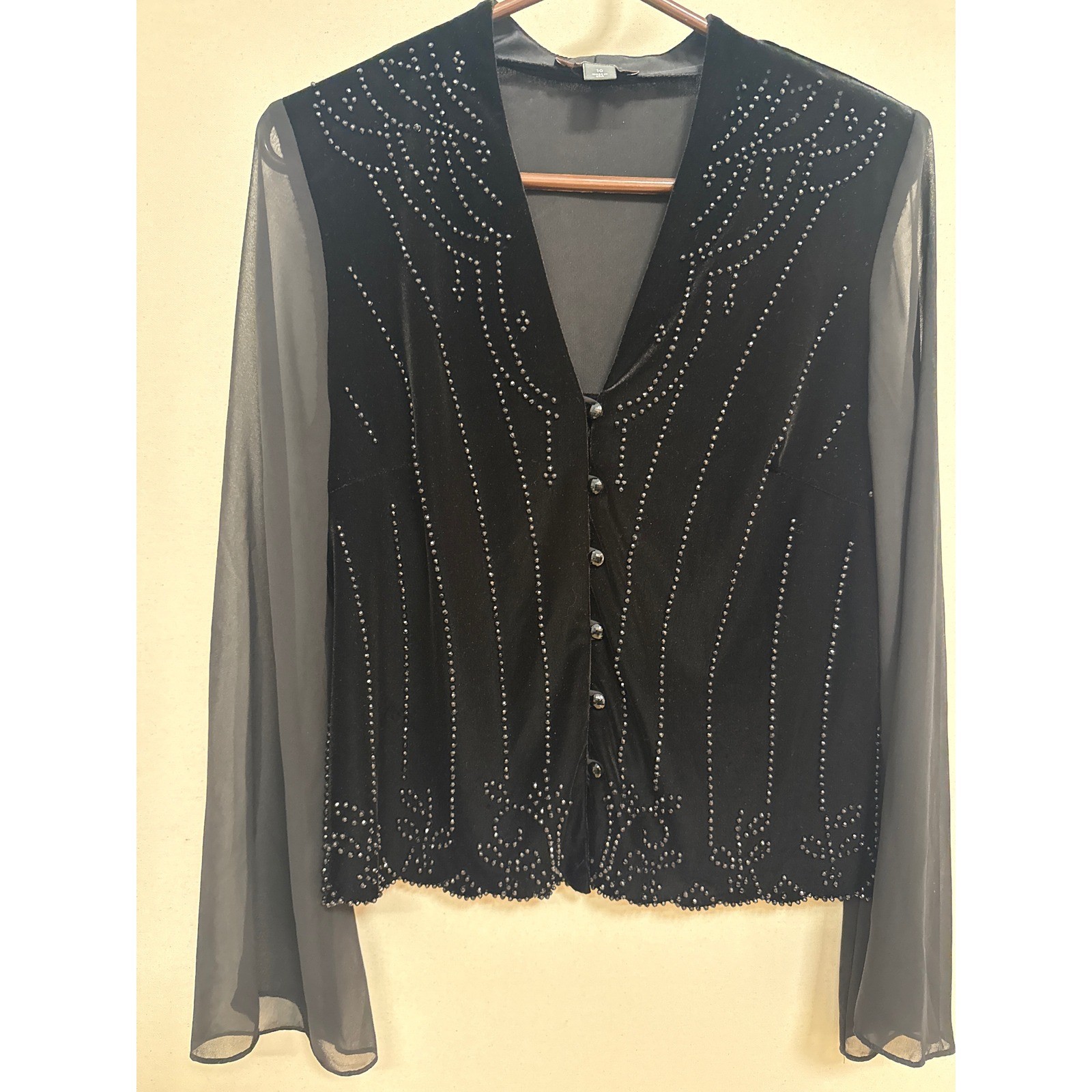 Vintage Black Velvet Beaded Evening Top Sheer Bell Sleeve Button Front Size 10 Vintage Black Velvet Beaded Evening Top Sheer Bell Sleeve Button Front Size 10
