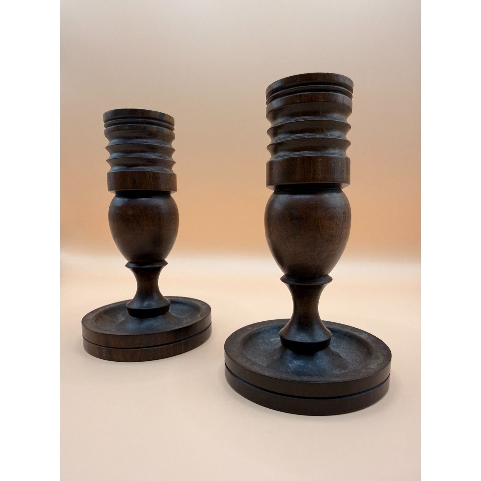 Vintage MCM Turned Wood Candlesticks Pair – Dark Wood Sculptural Candle Holders