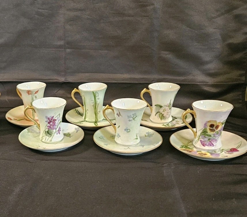 Antique GDA Limoges France Hand Painted Set Of 6 Tea Cups And Saucers Antique GDA Limoges France Hand Painted Set Of 6 Tea Cups And Saucers