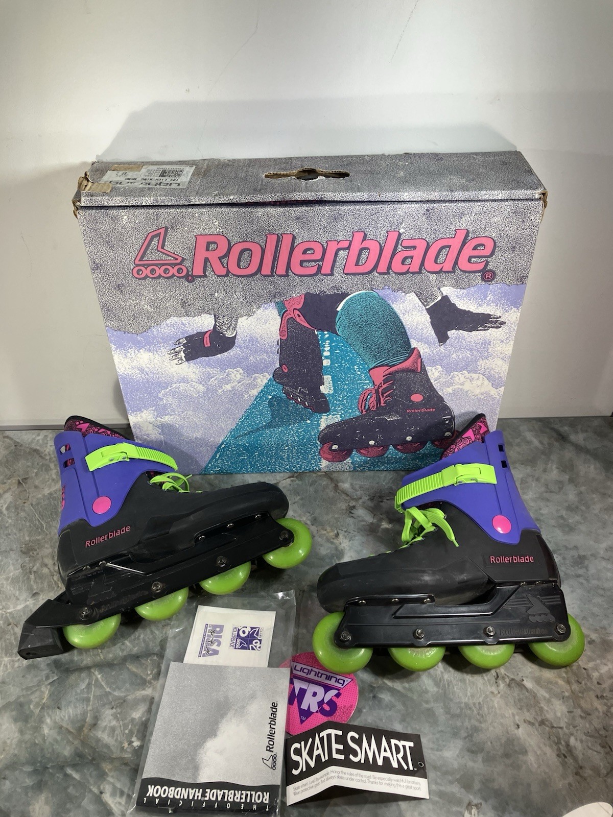 Vintage 1991 Rollerblade Lightning TRS Black/Green/Purple Inline Skates Mens 8.5