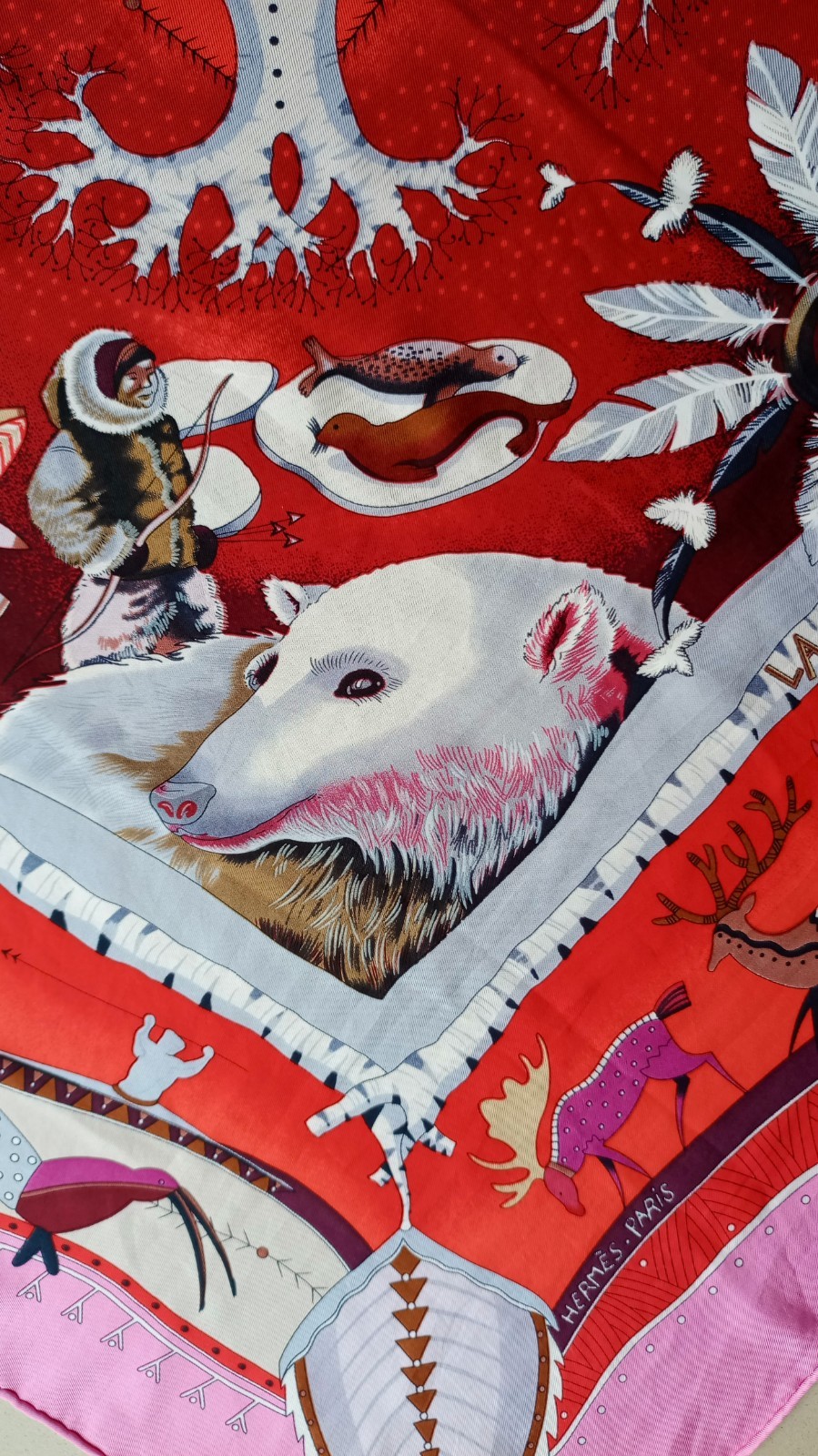 Hermès La Vie du Grand Nord Carré 90 Silk Scarf Aline Honore Red Pink 