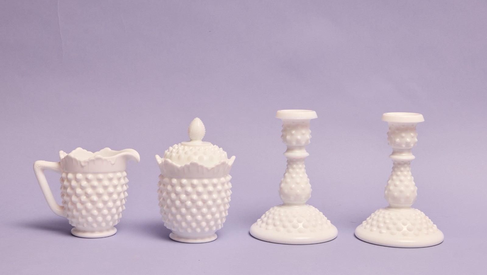 Vintage Fenton White Hobnail Milk Glass Sugar Jar Creamer Cup and 2 Candlesticks Vintage Fenton White Hobnail Milk Glass Sugar Jar Creamer Cup and 2 Candlesticks