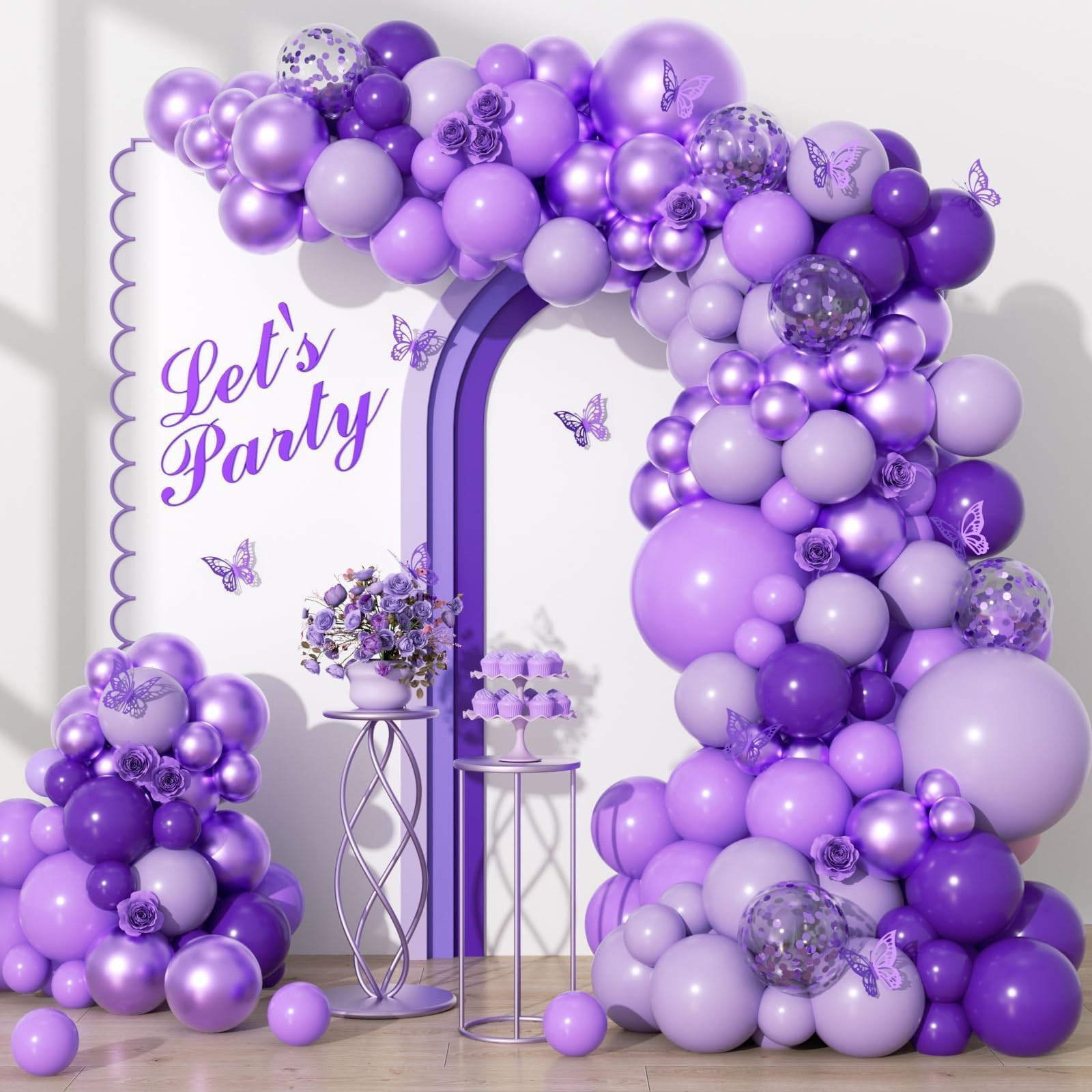 136pcs Purple Balloons Garland Arch Kit with Confetti Latex Balloons