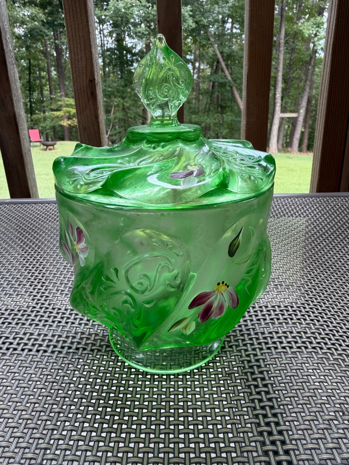 Fenton Hand Painted Floral Green Paisley Candy Box Dish - Excellent Condition
