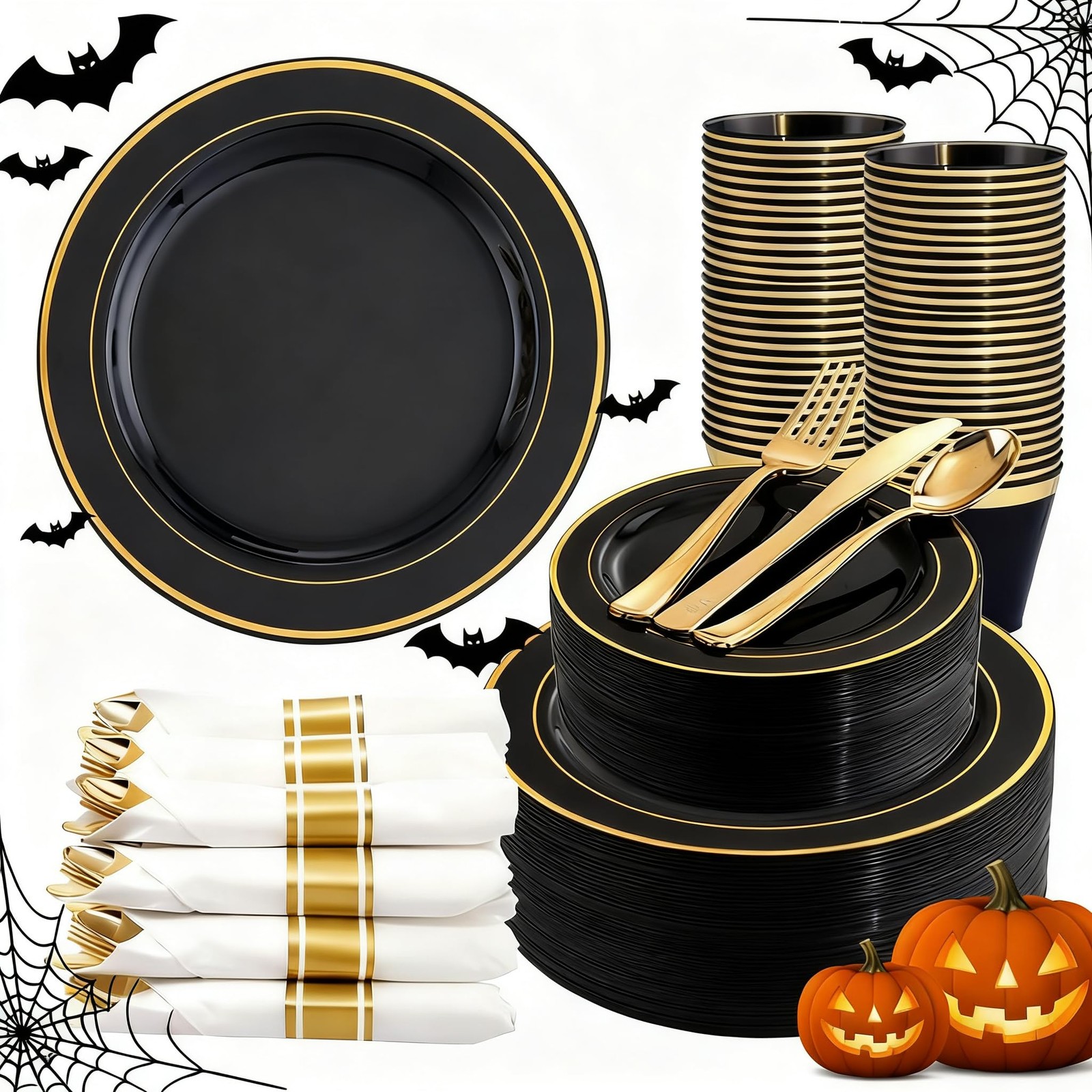 350 Pieces Black and Gold Plastic Plates with Disposable 350, 350 Pieces Black and Gold Plastic Plates with Disposable 350,