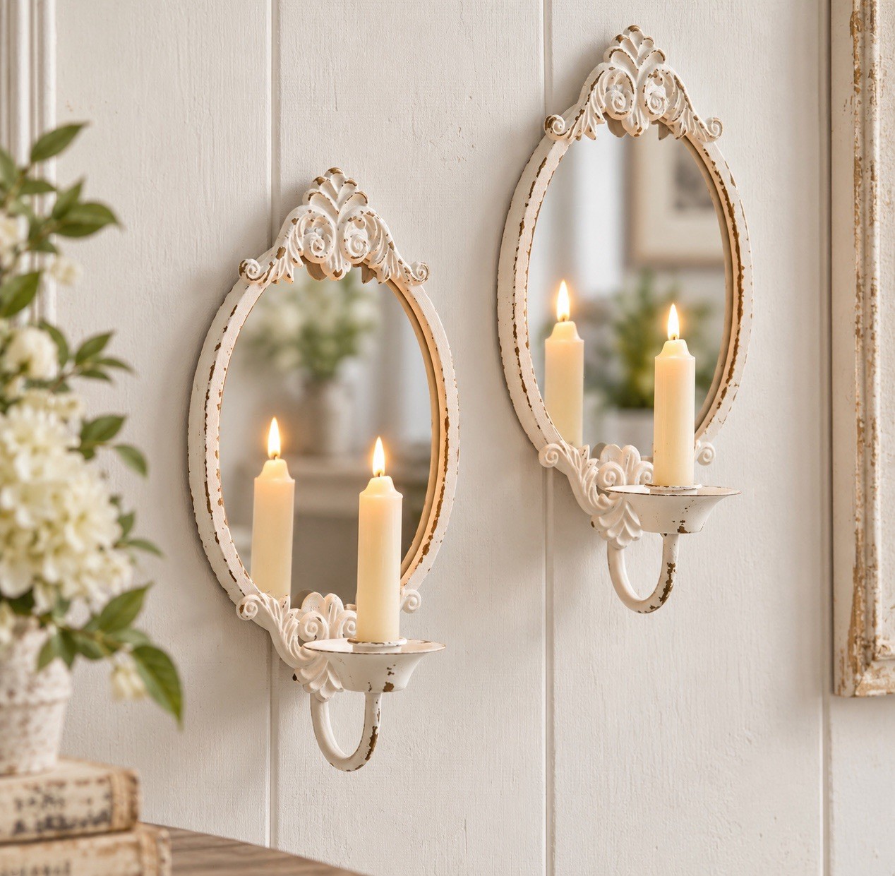 Pair VTG Style Shabby Chic White & Gold Metal Wall Sconces Taper Candle Holders