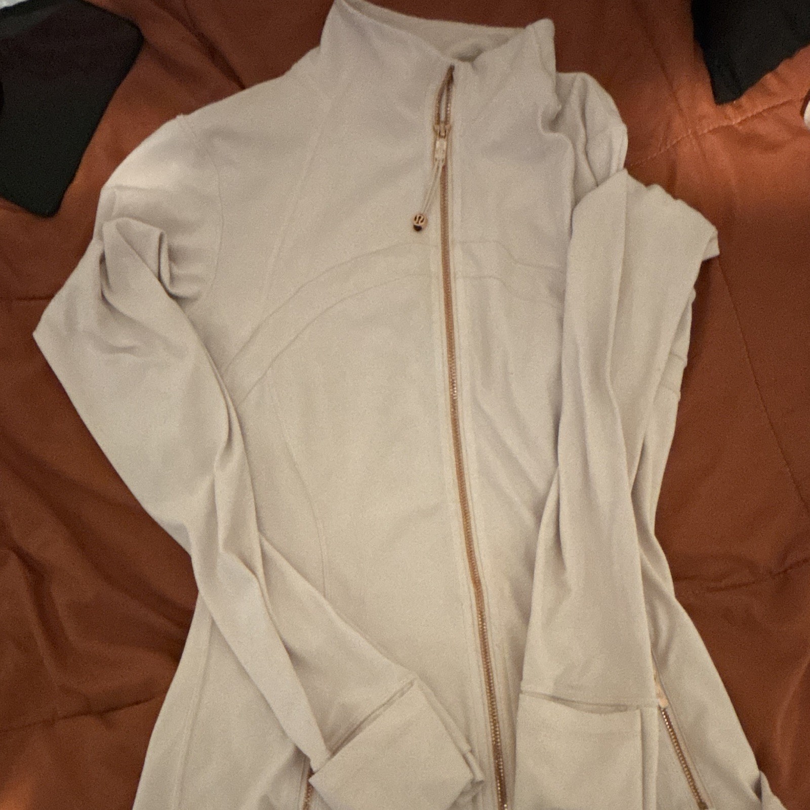 lululemon athletica Women\'s rose gold Track Jacket Full Zip Pockets Long Size 8 lululemon athletica Women\'s rose gold Track Jacket Full Zip Pockets Long Size 8