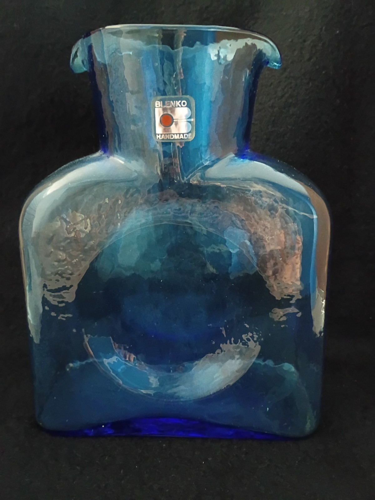 Vintage Mcm Blenko Glass 384 Azure Blue Double Spout Water Pitcher W/label Vintage Mcm Blenko Glass 384 Azure Blue Double Spout Water Pitcher W/label
