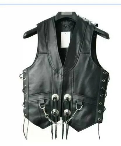 Men's Black Leather Fringed Concho Chain Vest Motorcycle Biker Size XS to 5XL.