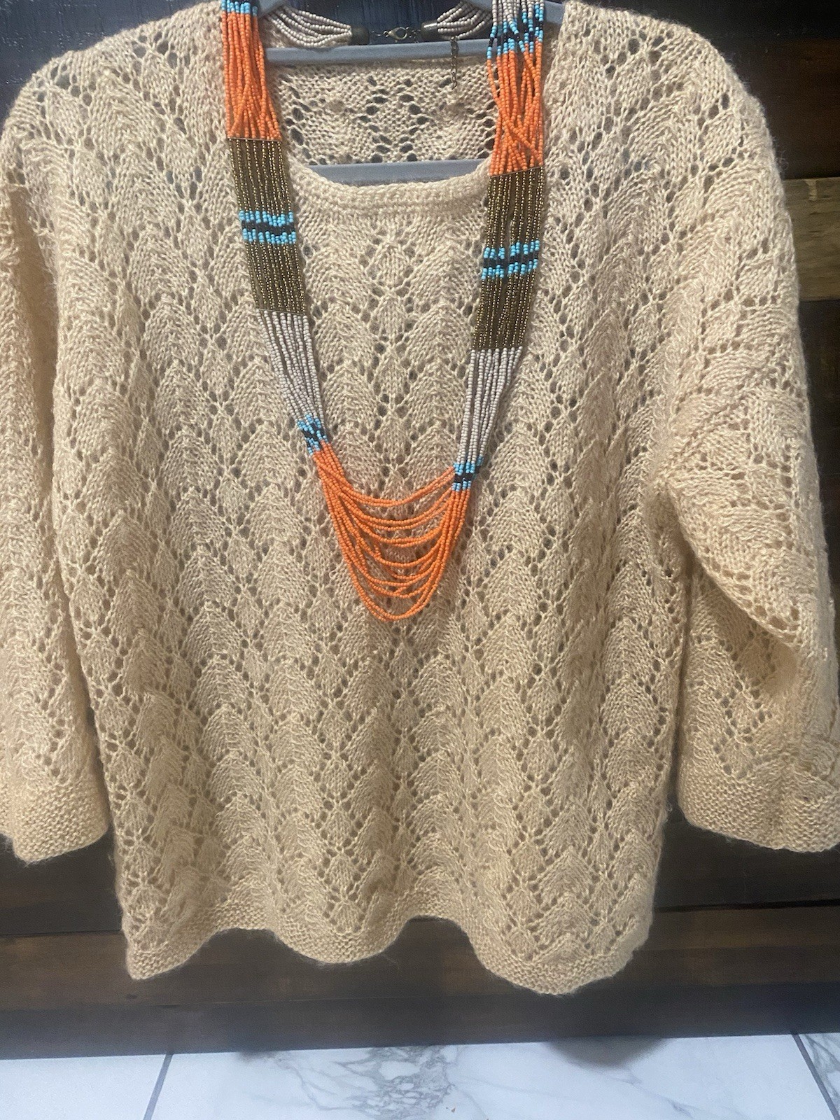 Hand Knit Mohair Sweater Women’s Small S Cream Ivory Openwork Lace Knit Handmade