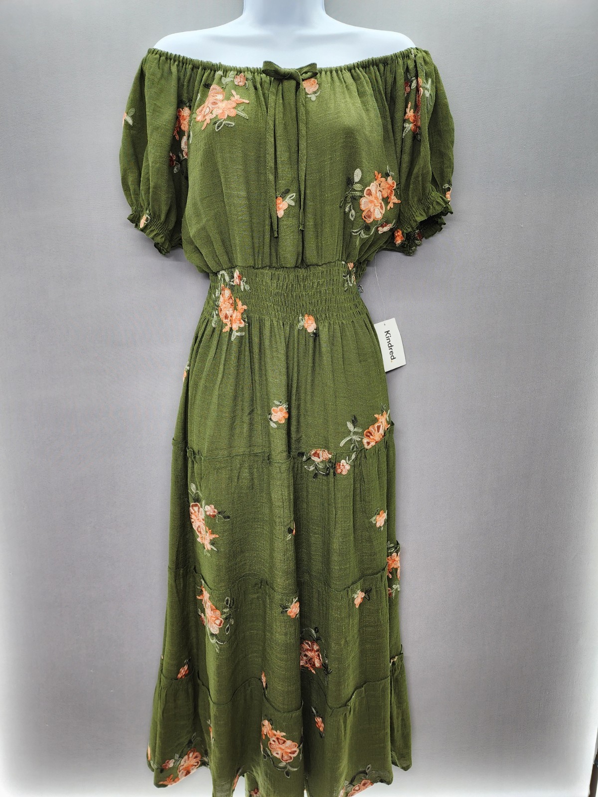 Anthropologie Kindred 2X Green Olive Embroidered Boho Maxi Dress Lined Smocked