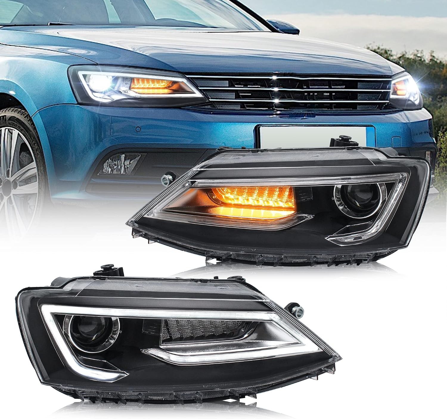 VLAND Pair LED Headlights For 2011-2018 Volkswagen Jetta w/Sequential Turn