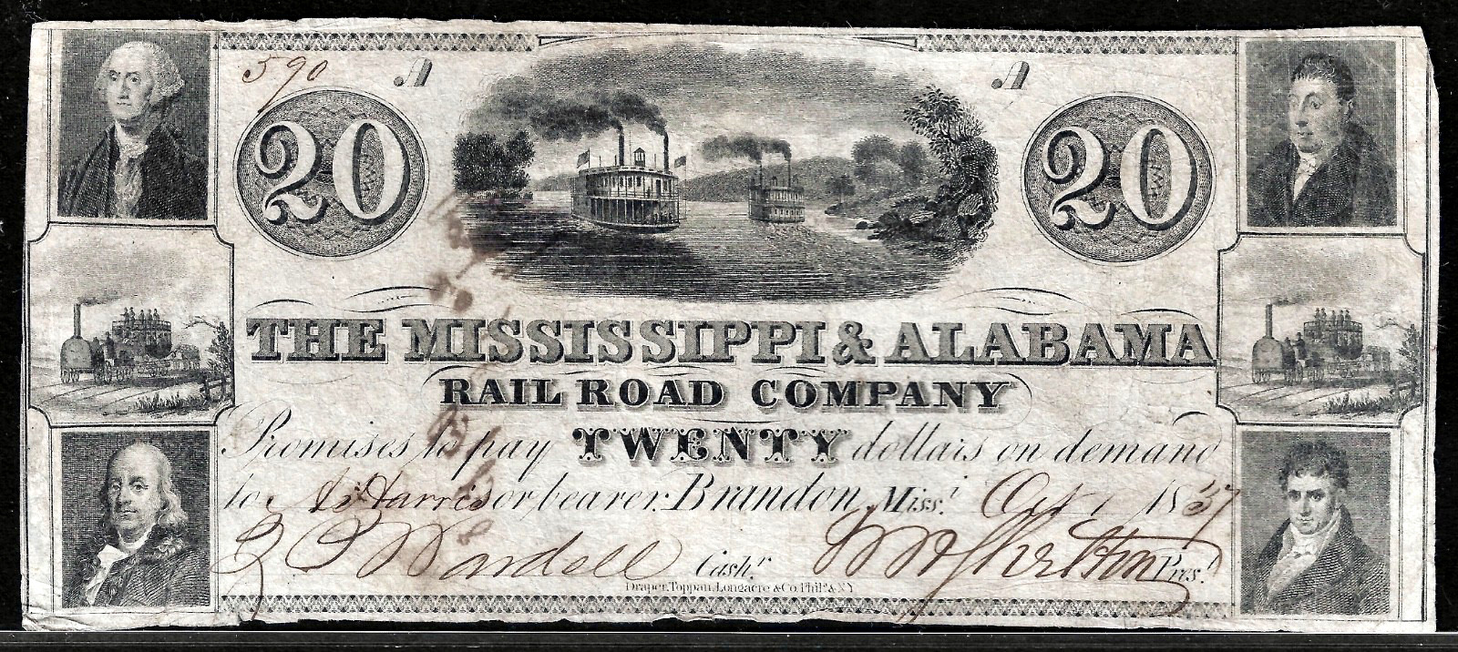 Oct 1837 Brandon Mississippi & Alabama Rail Road $20 Dollar Obsolete Note SN#590