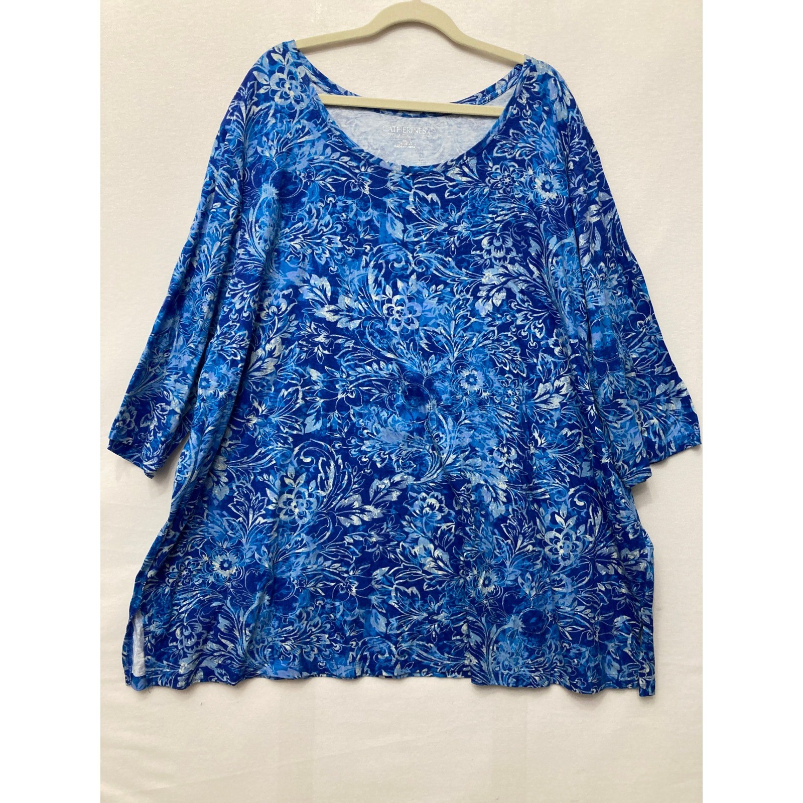 Catherines Tunic Size 3X Blue White Floral Paisley 3/4 Sleeve Casual Preppy Catherines Tunic Size 3X Blue White Floral Paisley 3/4 Sleeve Casual Preppy