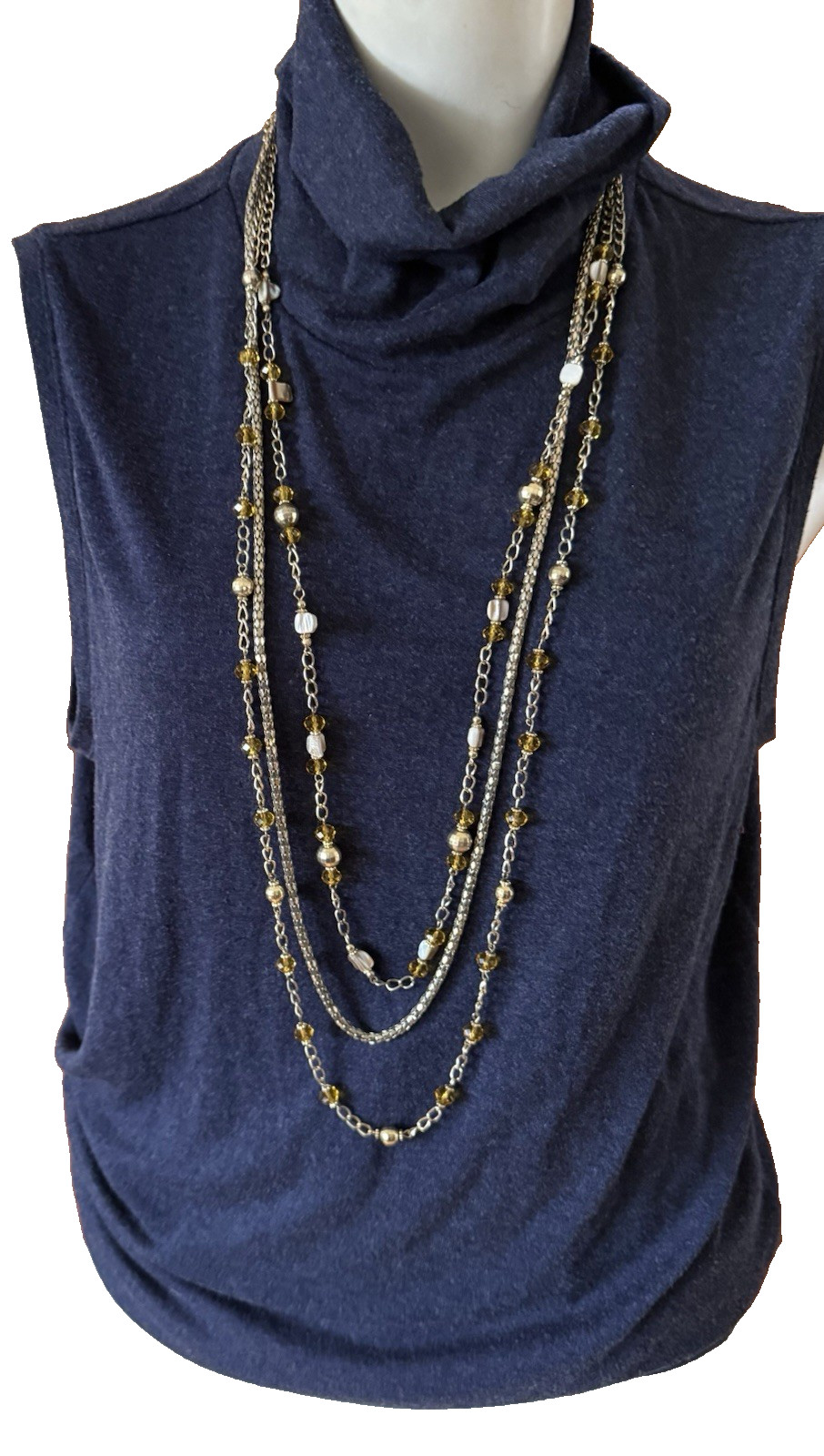 INTRICATE Vintage 3 Strand Chain Necklace Goldtone Metal glass ball Lobster 42”
